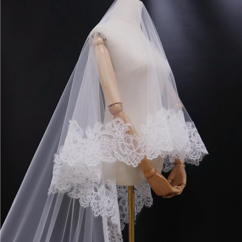 Cathedral Length White Lace Bridal Veil (2 Tier with Blusher)